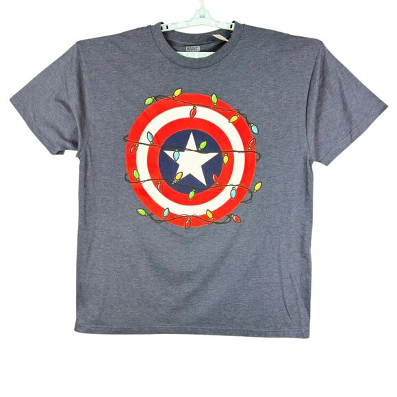 Marvel Men's Captain America Shield Christmas Lights Blue T-Shir Size L Tall NWT - Picture 1 of 7